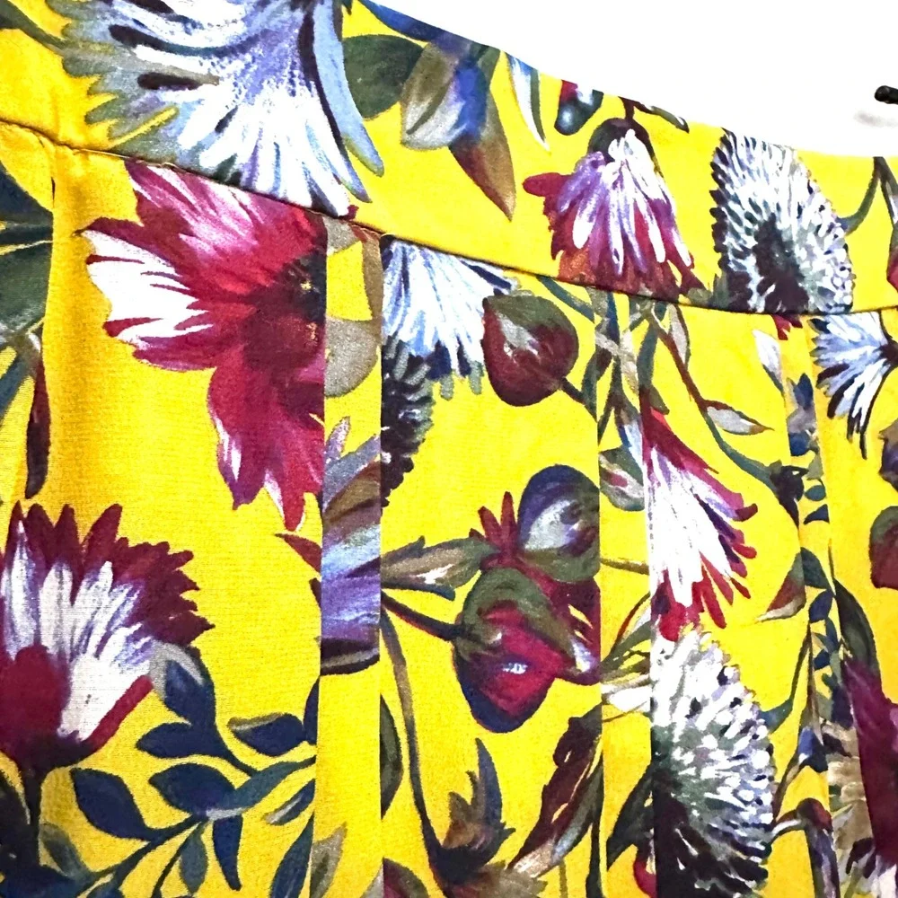 J.Crew Sz 16 Yellow Floral 100% Silk Double Pleated Midi Skirt K2124